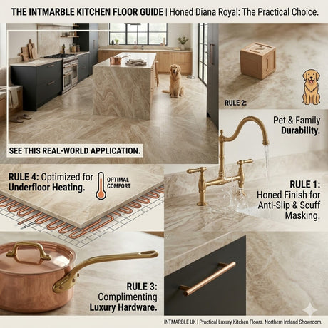 Large format honed Diana Royal marble kitchen floor tiles in a modern UK kitchen - IntMarble Northern Ireland