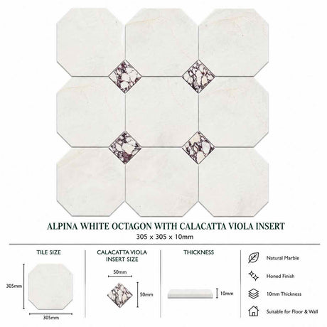 Alpina White Honed Octagon Marble Tile | Calacatta Viola | 305x305x10mm