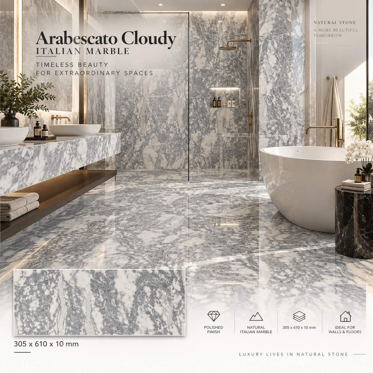 Arabescato Polished Italian Marble Tiles 305x610x10mm