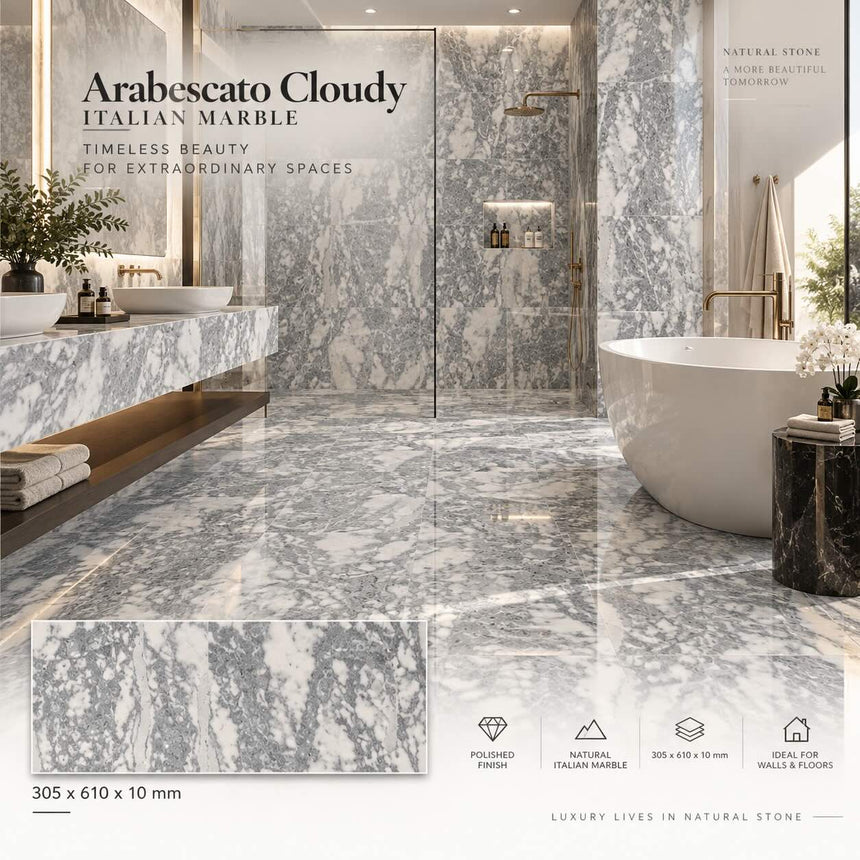 Arabescato Polished Italian Marble Tiles 305x610x10mm