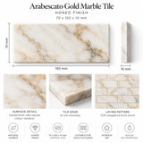 Arabescato Gold Honed Marble Metro Tile 70x140x10mm