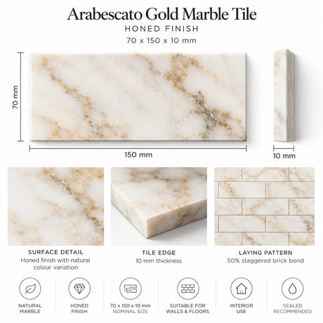 Arabescato Gold Honed Marble Metro Tile 70x140x10mm