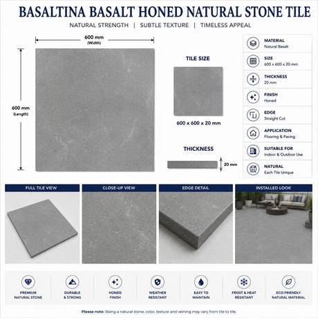Basaltina Basalt Honed Natural Stone Tile 600x600x20mm