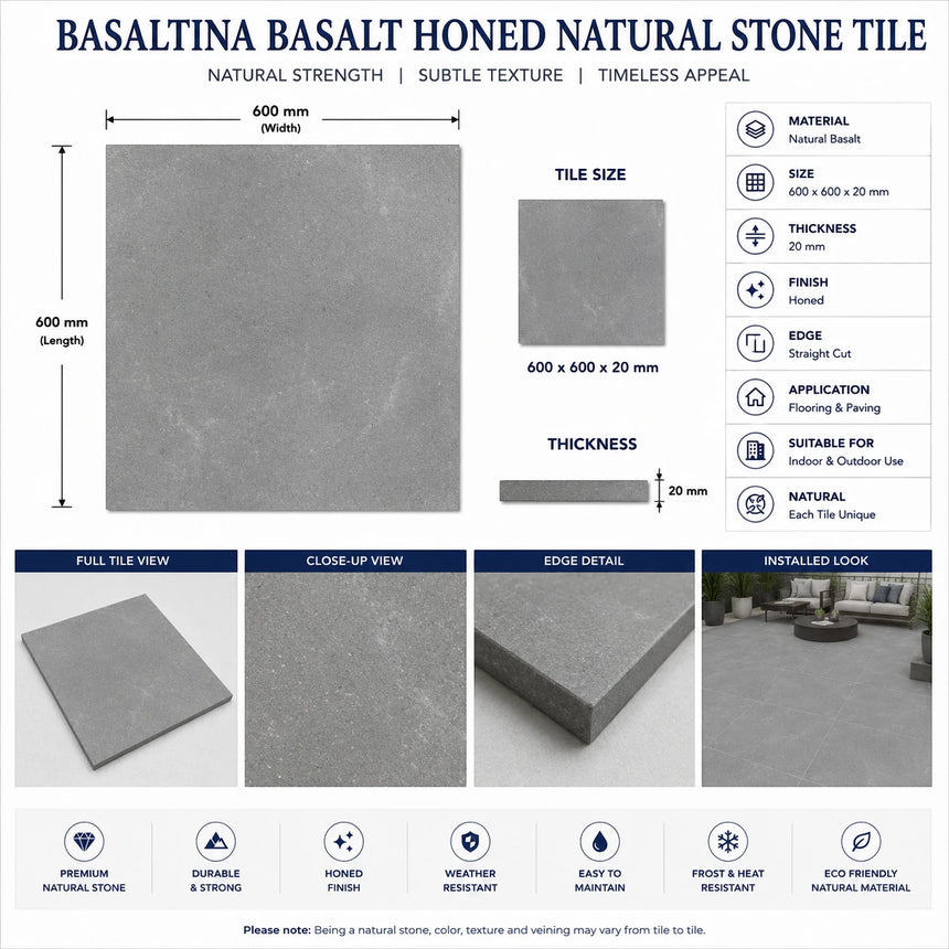 Basaltina Basalt Honed Natural Stone Tile 600x600x20mm