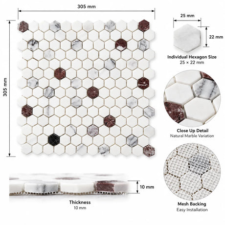Bianco Dolomite Hexagon Matt Polished Marble Mosaic Sheet (25 × 25 mm)