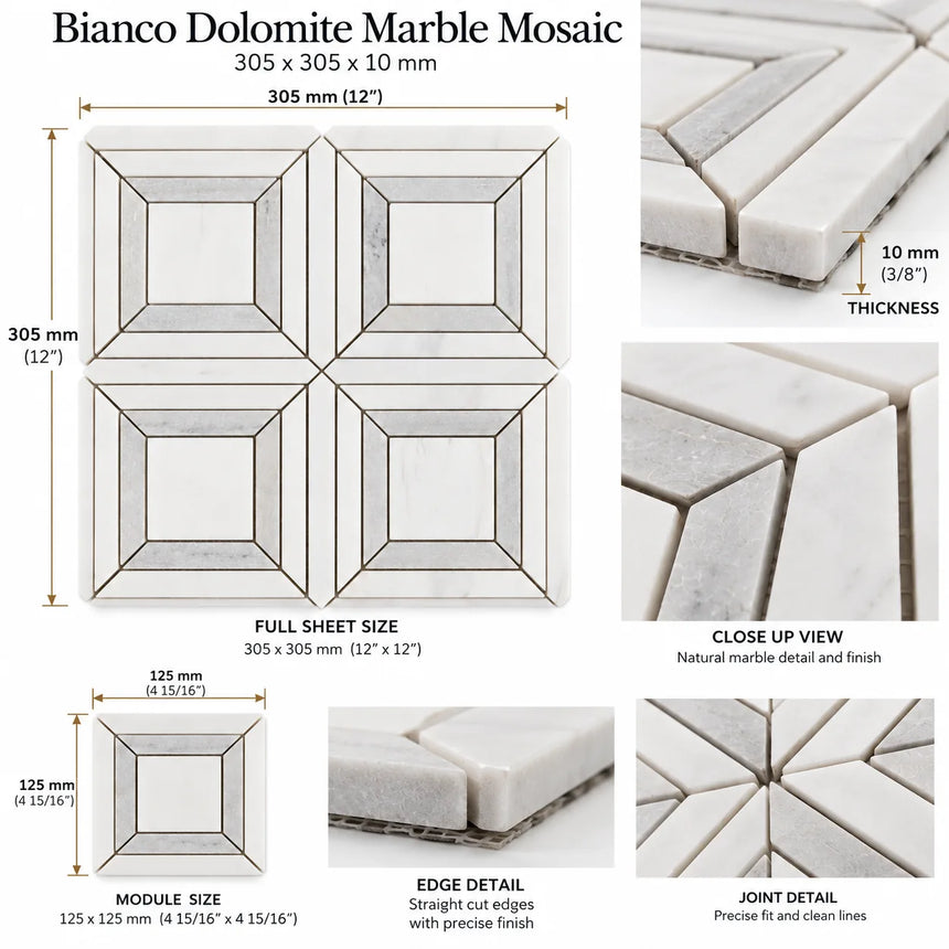 Bianco Dolomite Waterjet Matt Polished Marble Mosaic Sheet (305 × 305 mm)