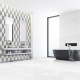 Modern bathroom with geometric wall tiles, black freestanding bathtub, and white vanity.