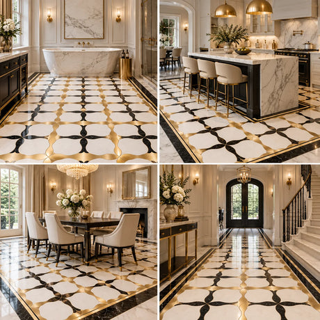Bianco Sivec, Brass & Nero Black Marble Waterjet Mosaic Tile 400 × 400 × 10 mm