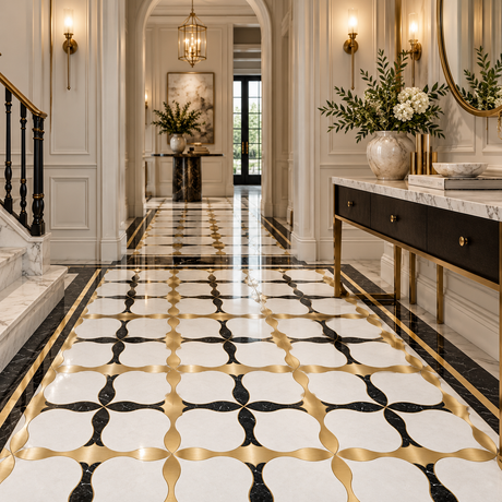 Bianco Sivec, Brass & Nero Black Marble Waterjet Mosaic Tile 400 × 400 × 10 mm