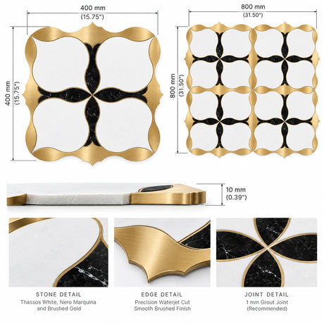 Bianco Sivec, Brass & Nero Black Marble Waterjet Mosaic Tile 400 × 400 × 10 mm