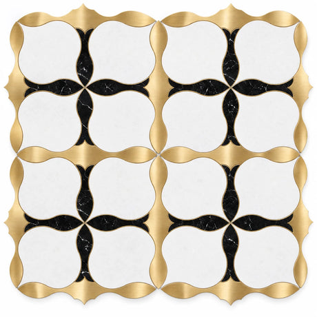 Bianco Sivec, Brass & Nero Black Marble Waterjet Mosaic Tile 400 × 400 × 10 mm