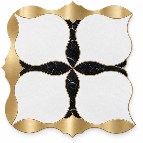Bianco Sivec, Brass & Nero Black Marble Waterjet Mosaic Tile 400 × 400 × 10 mm