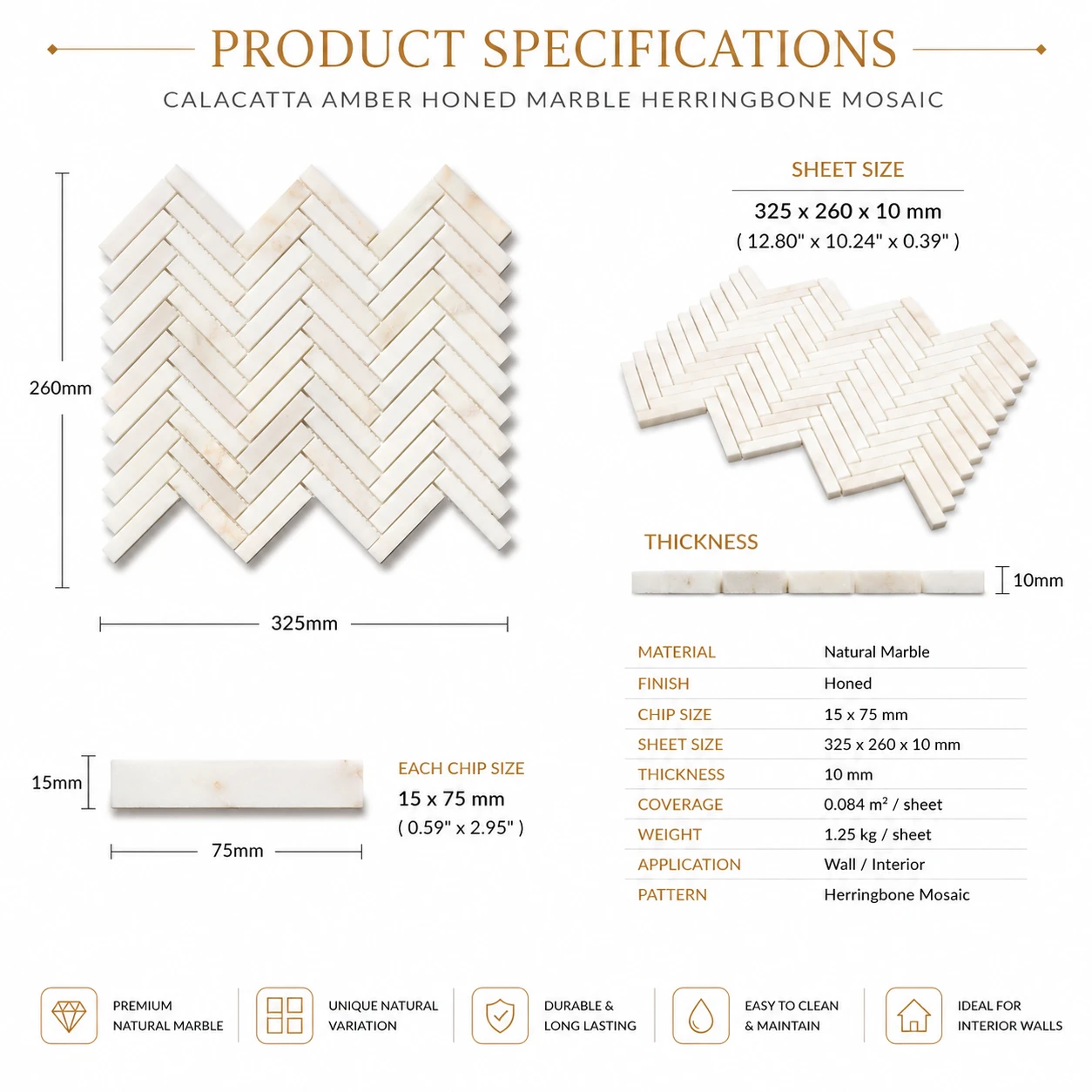 Calacatta Amber Honed Marble Herringbone Mosaic | 15x75mm Chip