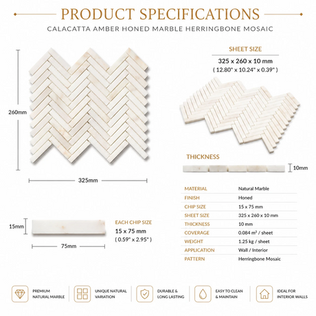 Calacatta Amber Honed Marble Herringbone Mosaic | 15x75mm Chip