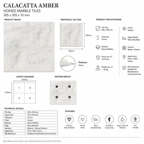 Calacatta Amber Polished Tiles 305x305x10mm