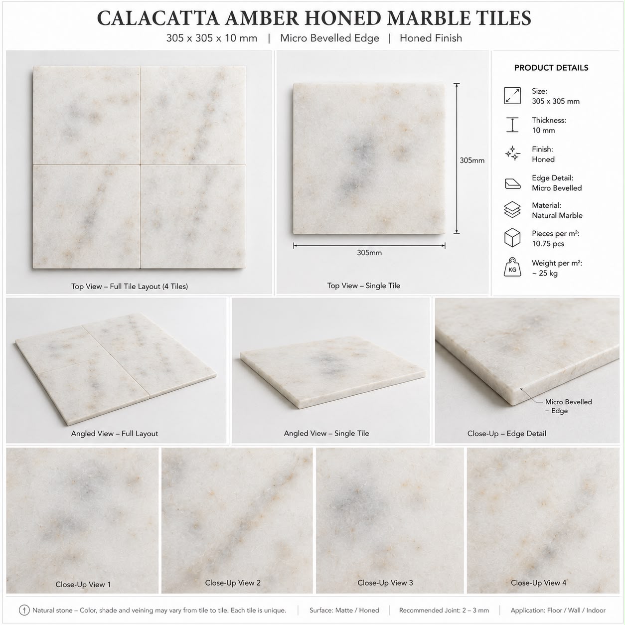 Calacatta Amber Honed Marble Tiles 305x305x10mm