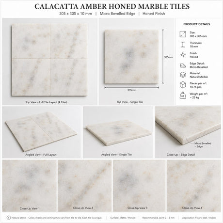 Calacatta Amber Honed Marble Tiles 305x305x10mm