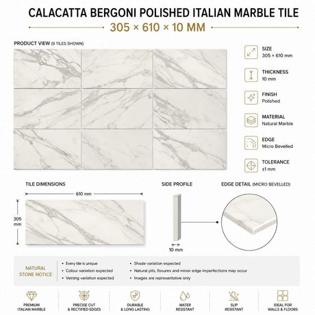 Calacatta Bergoni Polished Italian Marble Tile 305 × 610 mm