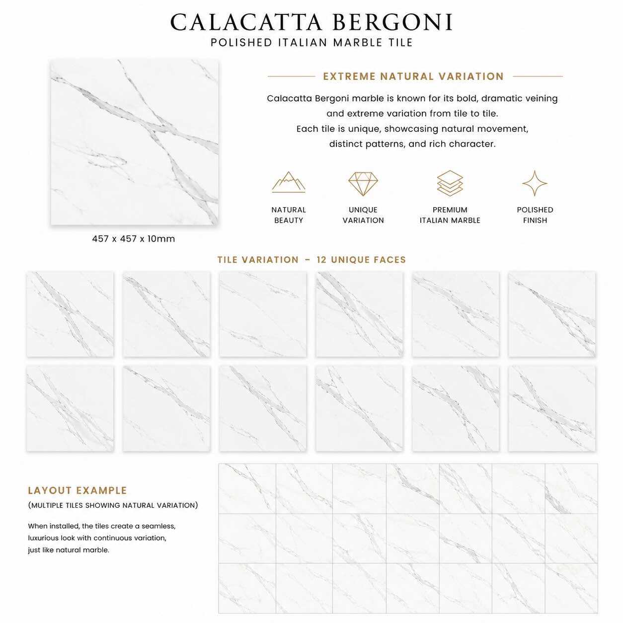 Calacatta Bergoni Polished Italian Marble Tiles | 457x457x10mm