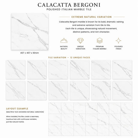 Calacatta Bergoni Polished Italian Marble Tiles | 457x457x10mm