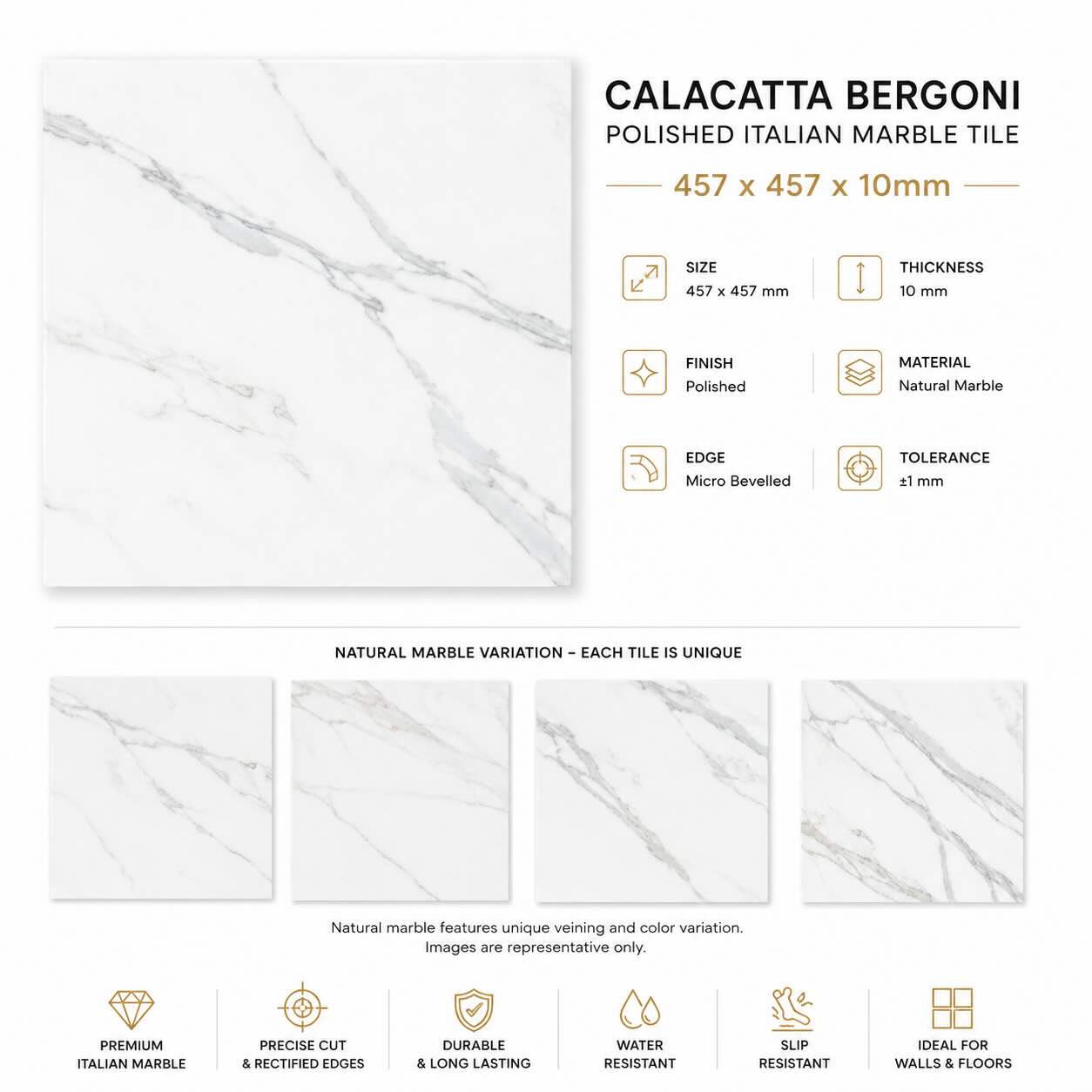 Calacatta Bergoni Polished Italian Marble Tiles | 457x457x10mm