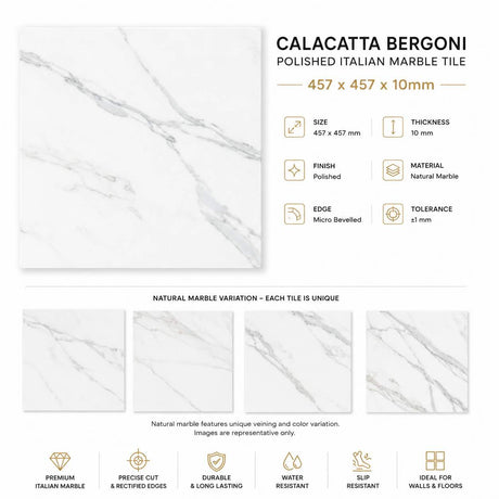 Calacatta Bergoni Polished Italian Marble Tiles | 457x457x10mm
