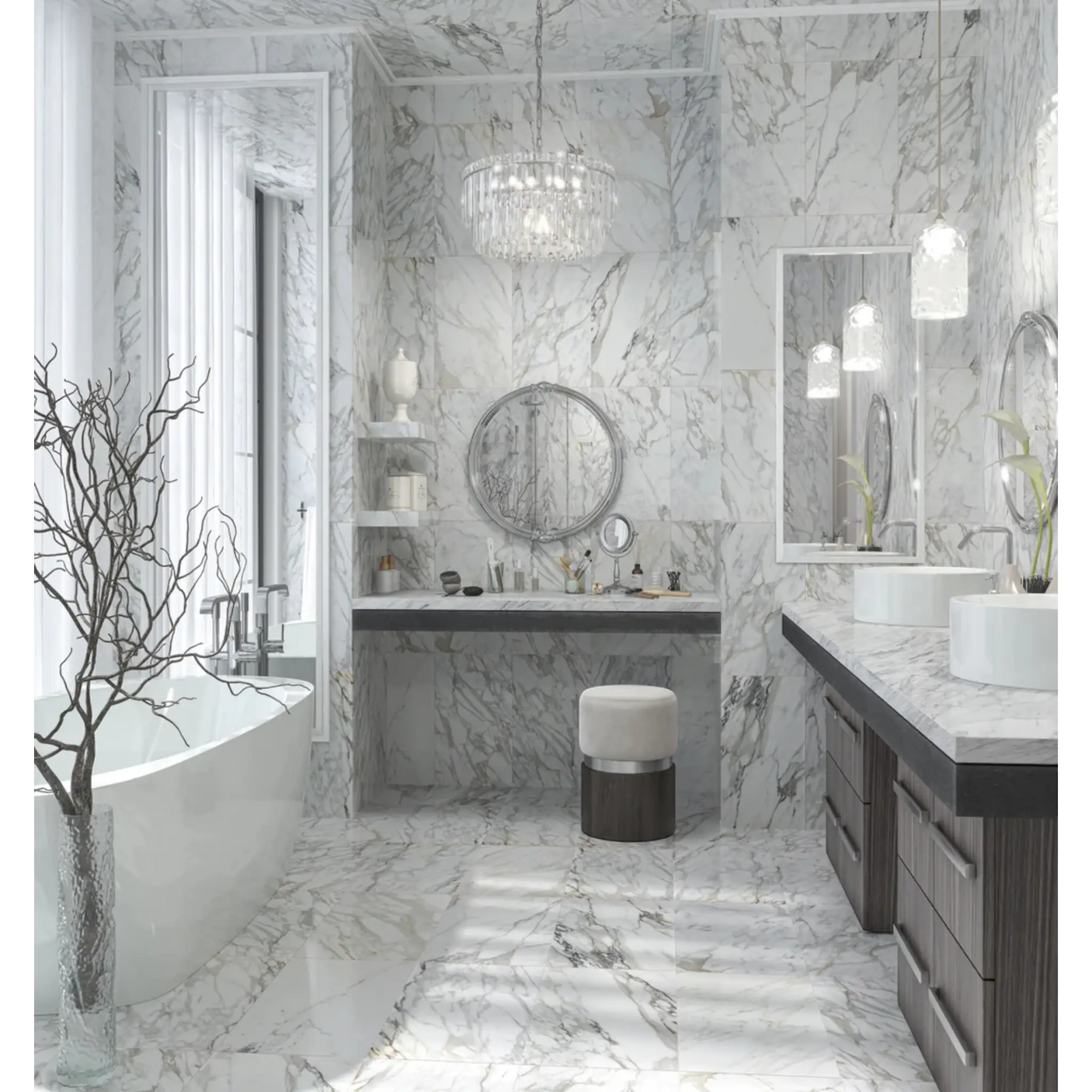 Modern bathroom with marble walls and floor, featuring a freestanding bathtub and double vanity.