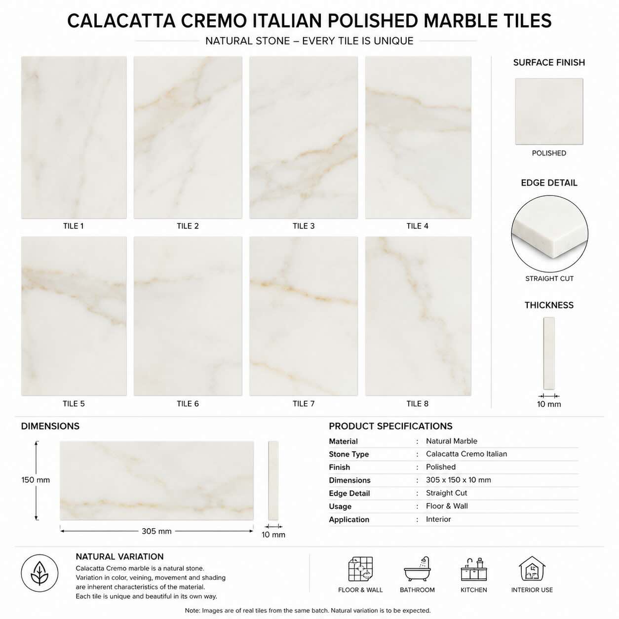 Calacatta Cremo Polished Italian Marble Tiles | Subway Metro | 150x300x10mm