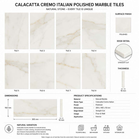Calacatta Cremo Polished Italian Marble Tiles | Subway Metro | 150x300x10mm