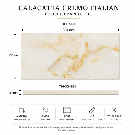 Calacatta Cremo Polished Italian Marble Tiles | Subway Metro | 150x300x10mm