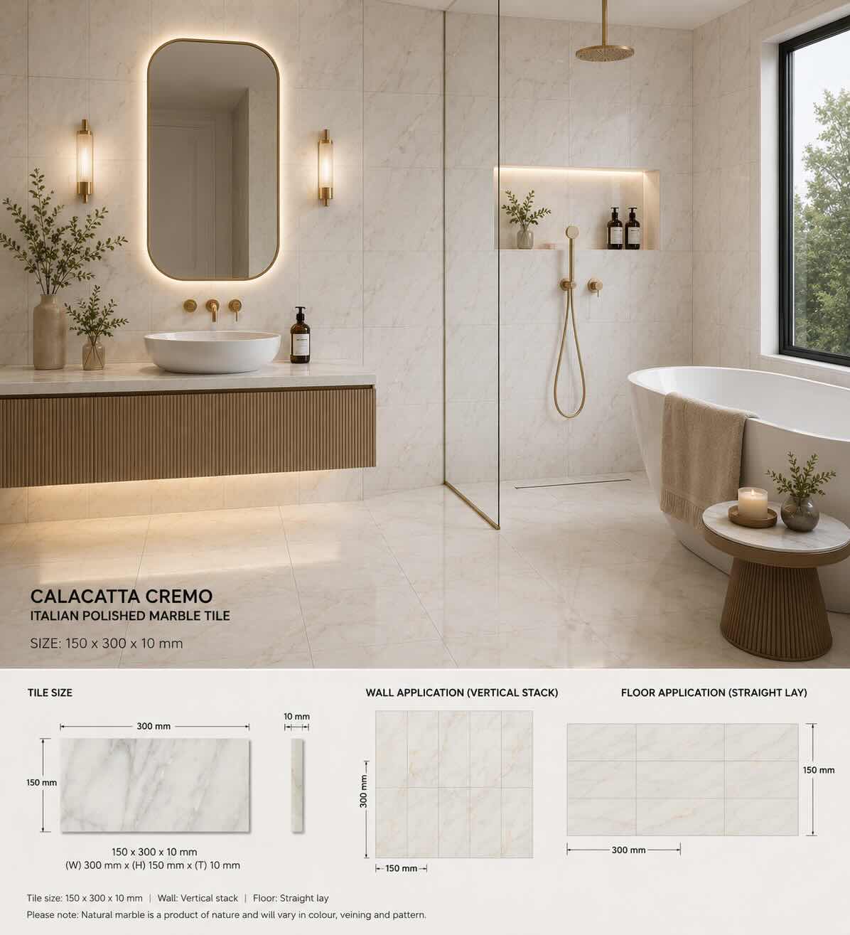 Calacatta Cremo Polished Italian Marble Tiles | Subway Metro | 150x300x10mm