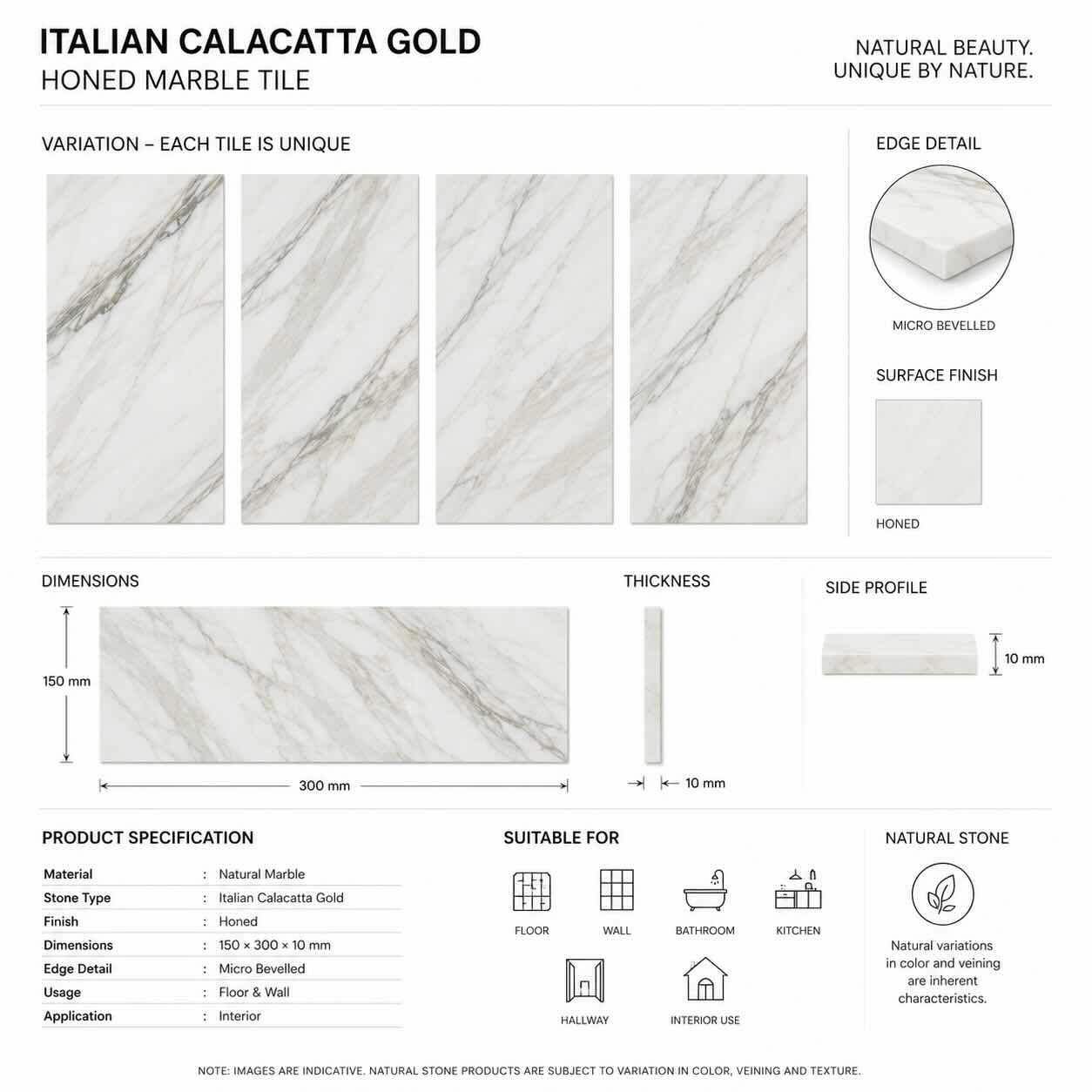 Calacatta Gold Honed Italian Marble Tiles | Subway Metro | 150x300x10mm