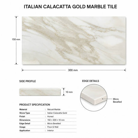 Calacatta Gold Honed Italian Marble Tiles | Subway Metro | 150x300x10mm
