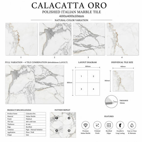 Calacatta Oro Polished Italian Marble Tiles 400x400mm