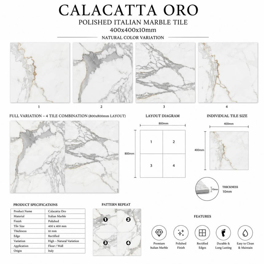 Calacatta Oro Polished Italian Marble Tiles 400x400mm