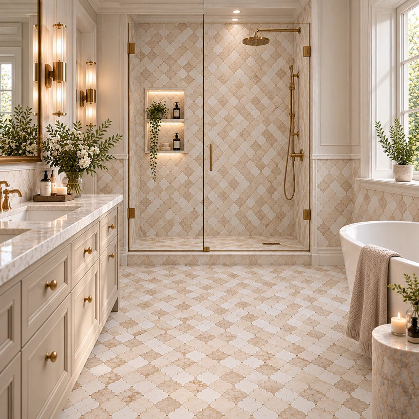 Calacatta Pearly & Diana Royal Arabesque Marble Mosaic 330x350x10mm