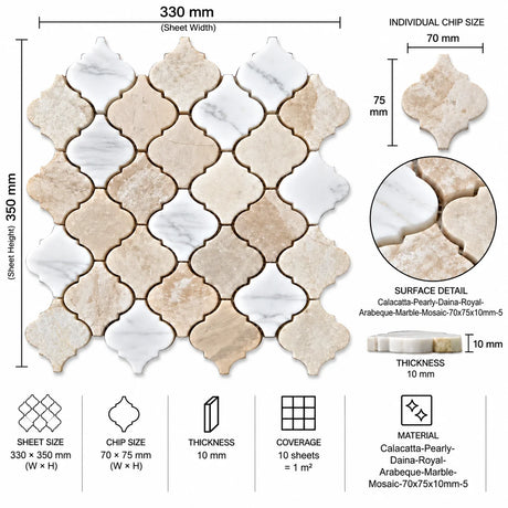 Calacatta Pearly & Diana Royal Arabesque Marble Mosaic 330x350x10mm