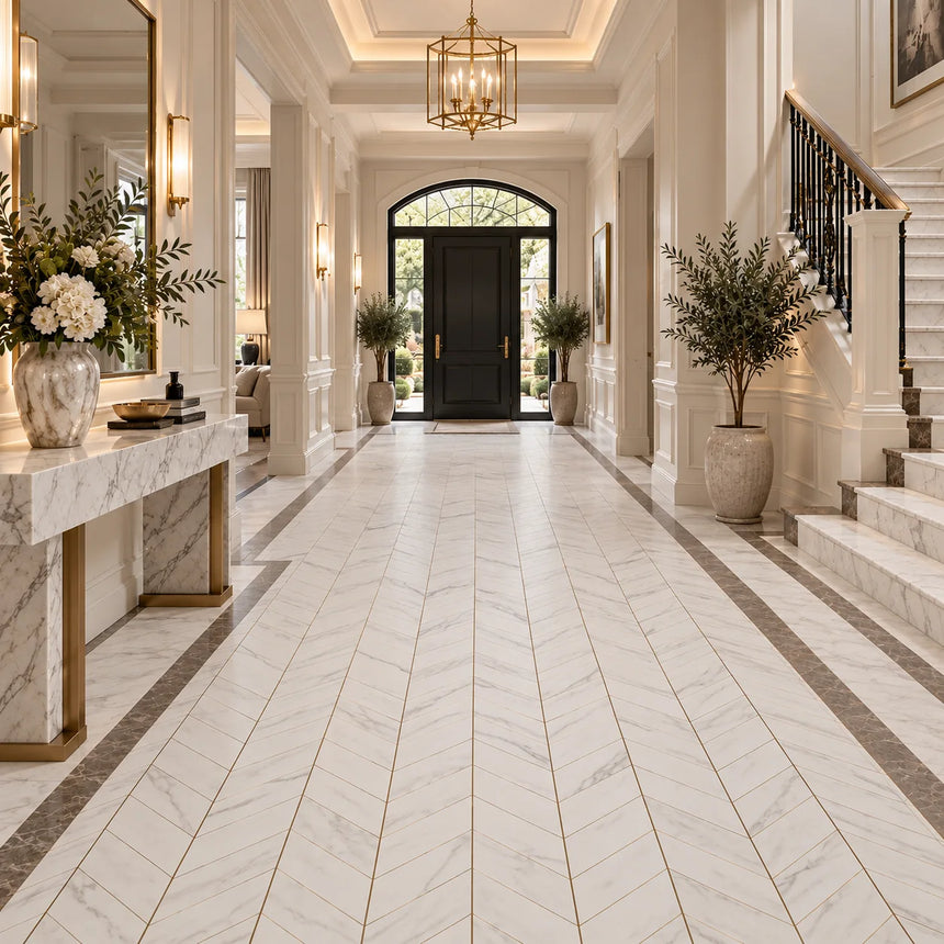 Calacatta Pearly Marble Chevron Mosaic 250x370x10mm
