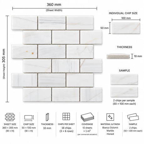 Calacatta Pearly Subway Marble Mosaic 50x100x10mm