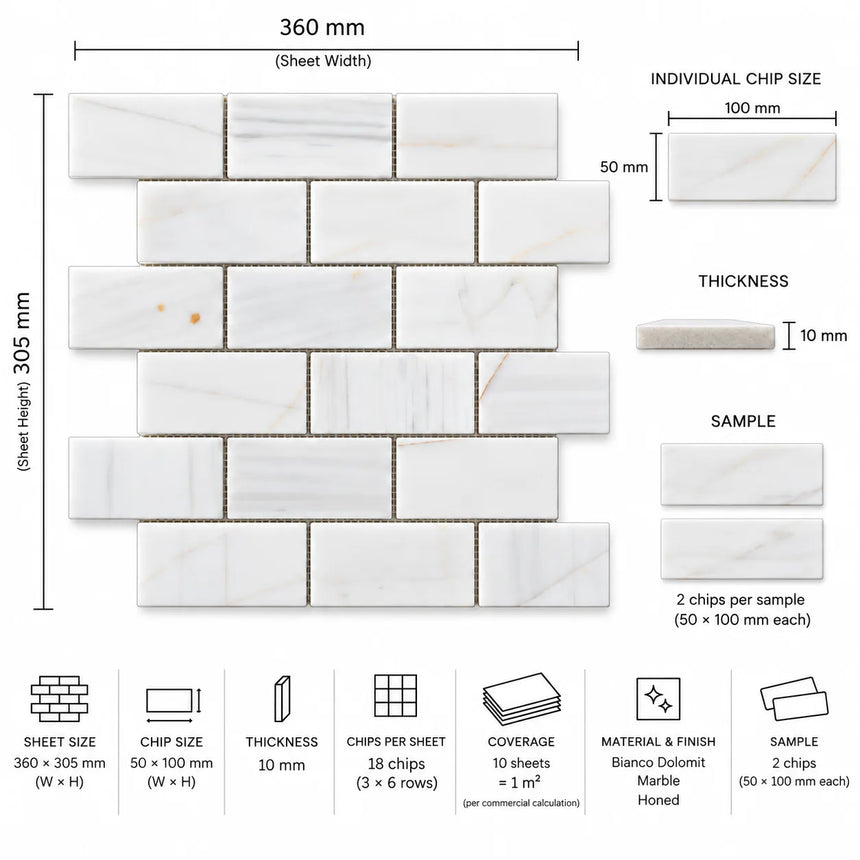 Calacatta Pearly Subway Marble Mosaic 50x100x10mm