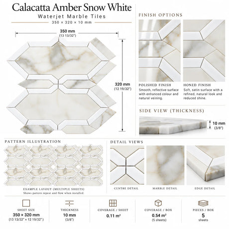 Calacatta Amber & Snow White Waterjet Marble Mosaic Tile 350 × 320 × 10 mm