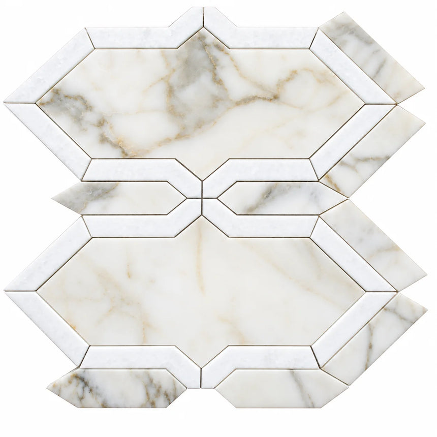Calacatta Amber & Snow White Waterjet Marble Mosaic Tile 350 × 320 × 10 mm
