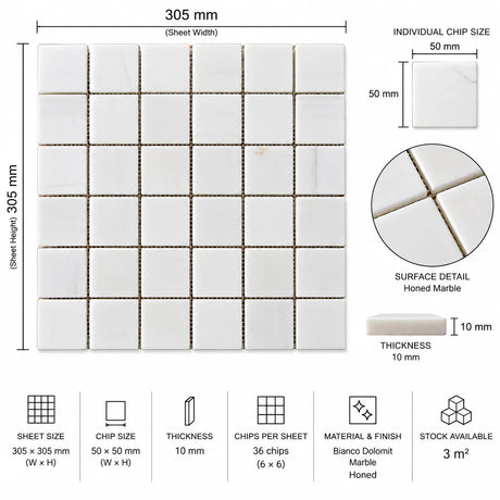 Calacatta Pearly Square Marble Mosaic 50x50x10mm