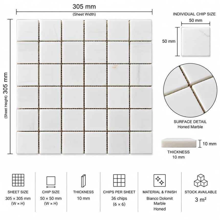 Calacatta Pearly Square Marble Mosaic 50x50x10mm