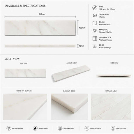 Calacatta Amber Honed Subway Marble Tile – 100 × 610 × 10 mm