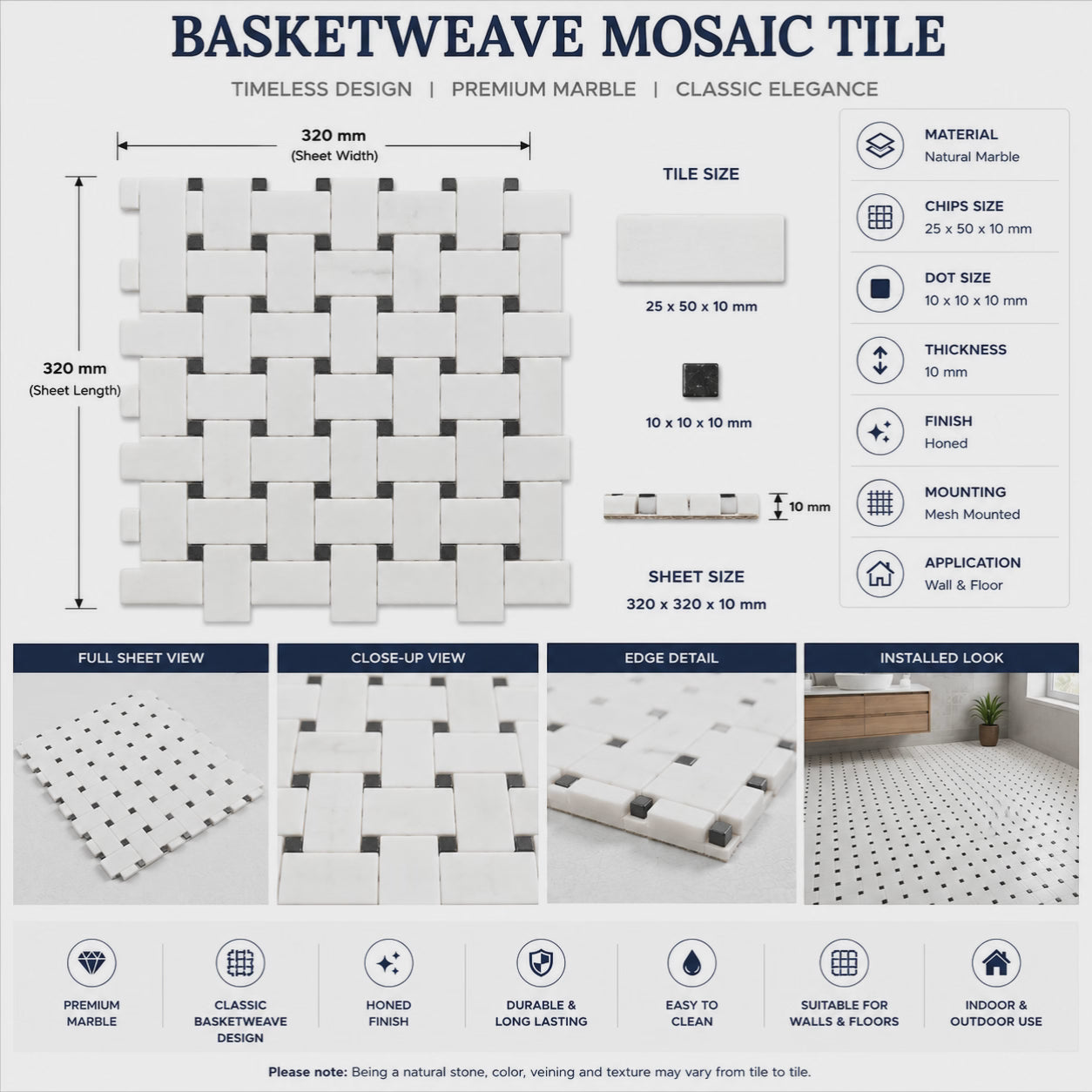 Carrara Basketweave Honed Marble Mosaic Tile