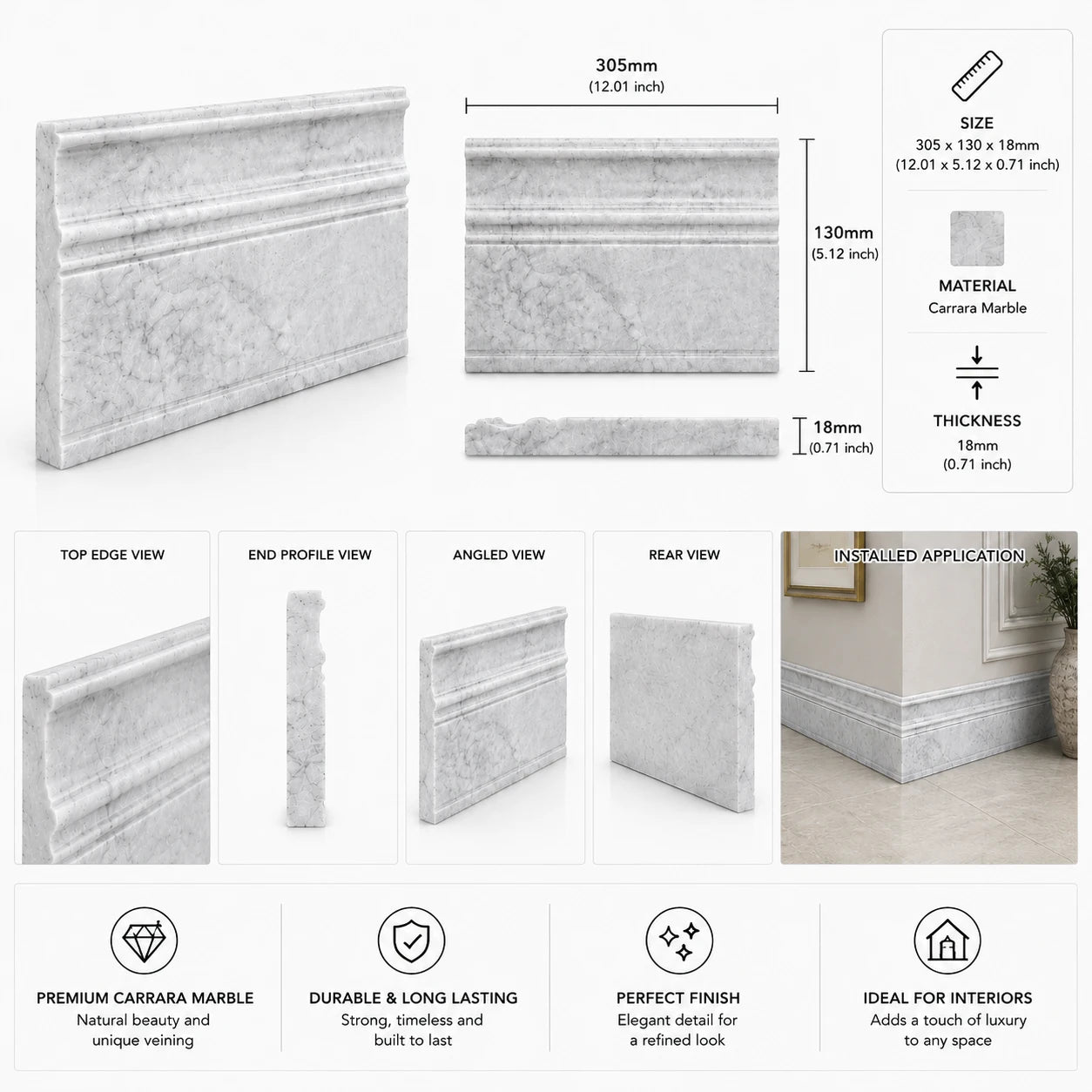 Carrara CD Marble Base Art Deco Skirting Board | 130x305x18mm