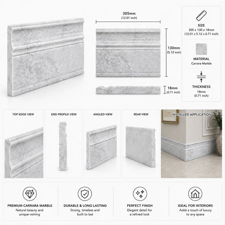 Carrara CD Marble Base Art Deco Skirting Board | 130x305x18mm