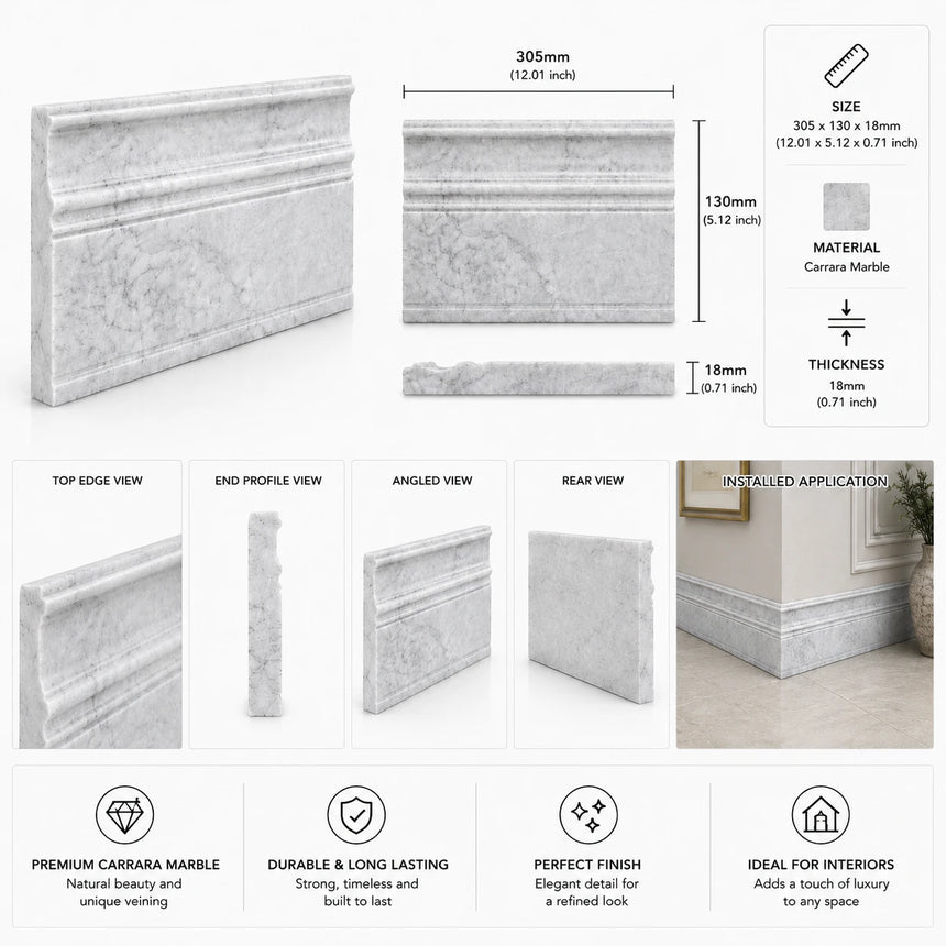 Carrara CD Marble Base Art Deco Skirting Board | 130x305x18mm