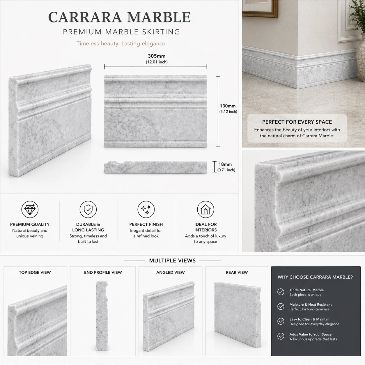 Carrara CD Marble Base Art Deco Skirting Board | 130x305x18mm